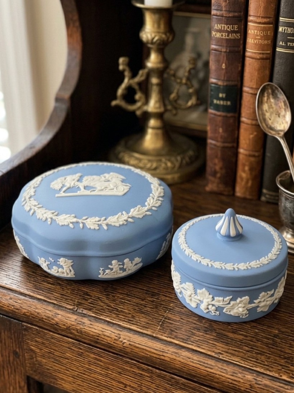 Blue Jasperware Style Trinket Boxes - Pair